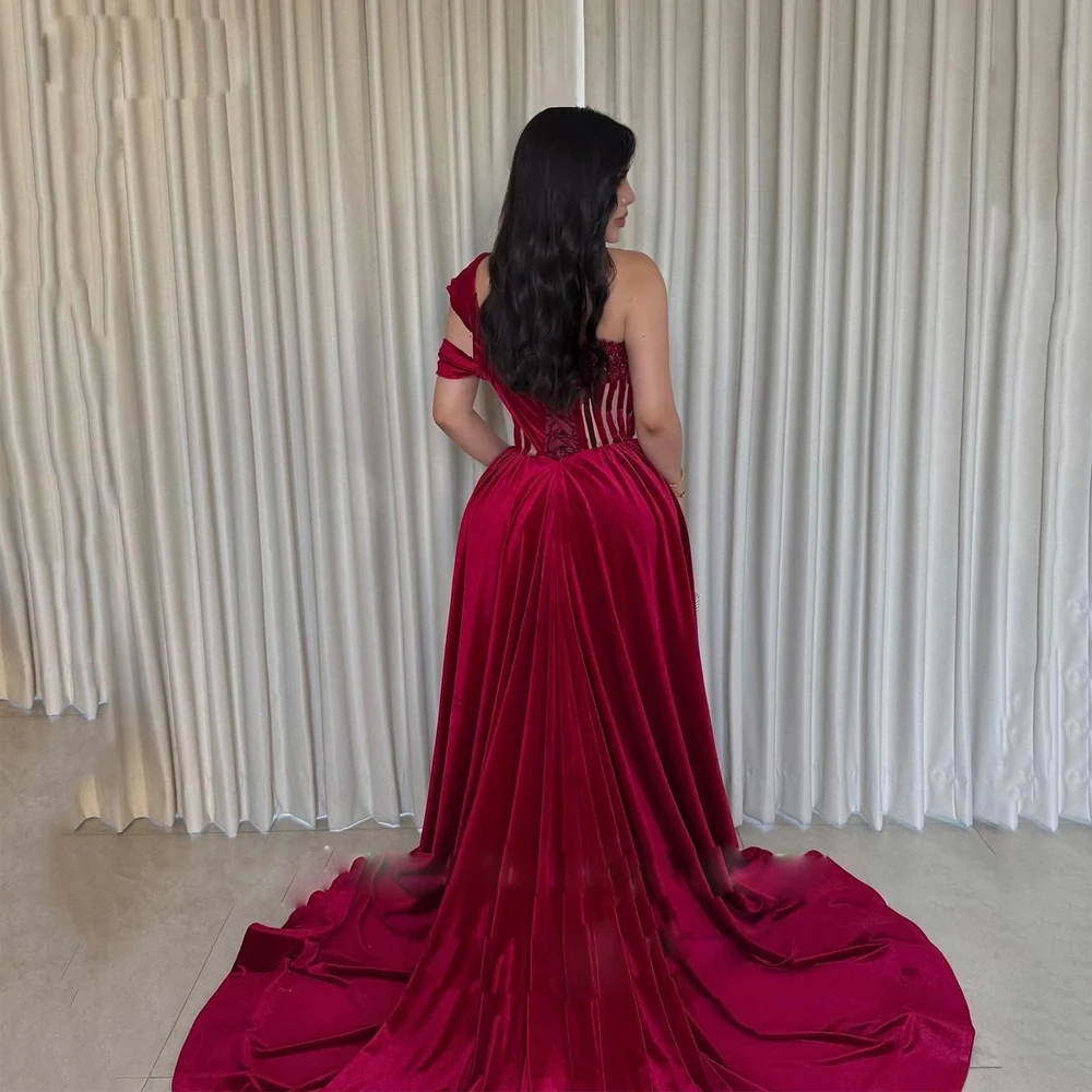 Modest Velvet Mermaid Evening Dresses for Women One Shoulder Side Split Formal Gown Beaded Appliques Birthday Dress with Train