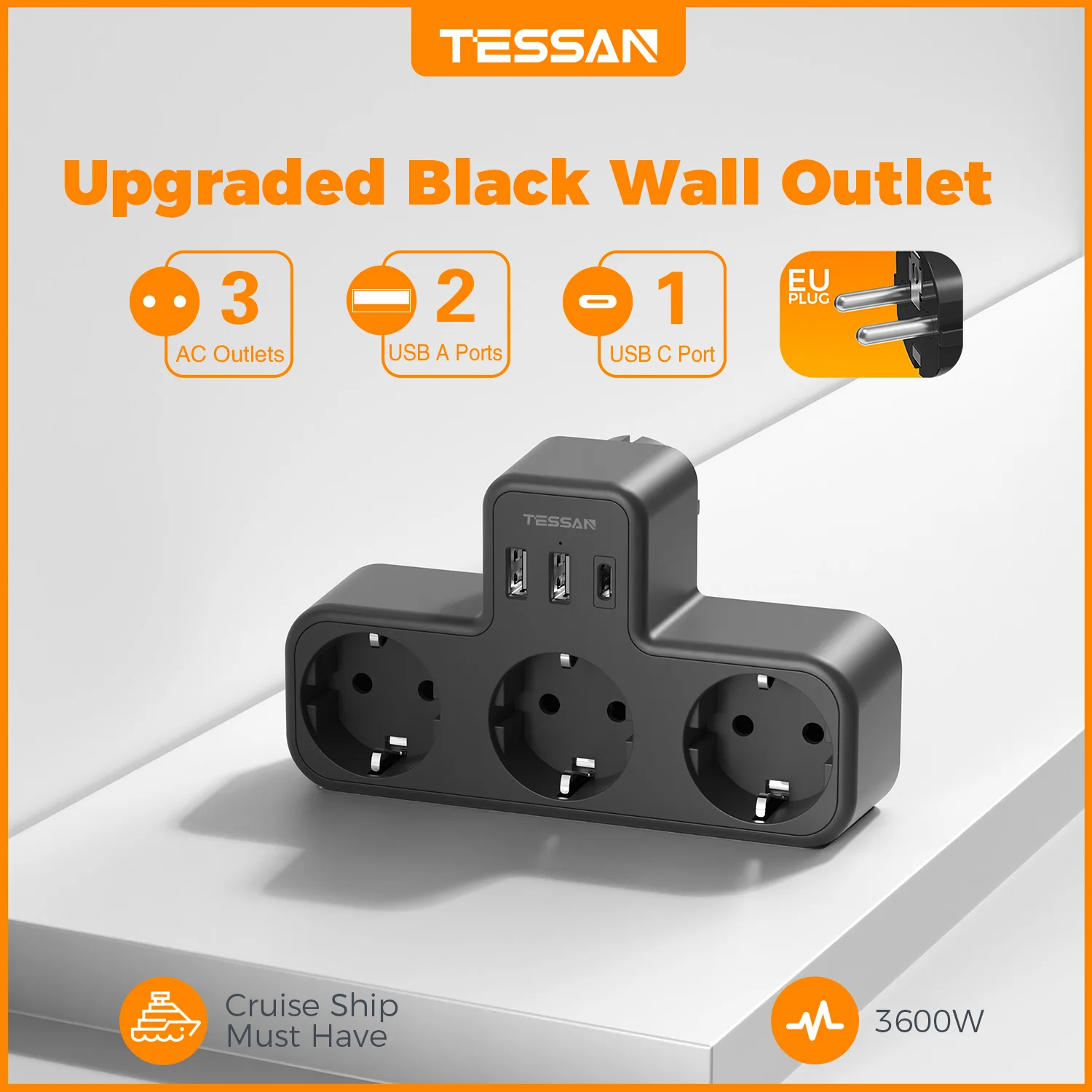 

TESSAN 3600W Portable Wall Plugs Adapter EU Plug Wall Socket Adapter with 3 AC 3 USB 5V/3A Type C Power Socket for Home 벽면 멀티탭