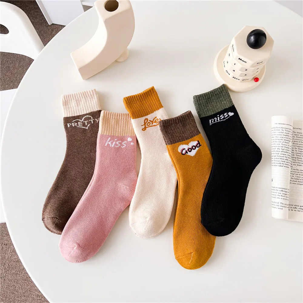 5PR Terry-Loop Hosiery Women's Winter Fleece Lined Padded Warm Keeping Maternity Socks Terry  Mid-Calf Socks Room Socks Medium