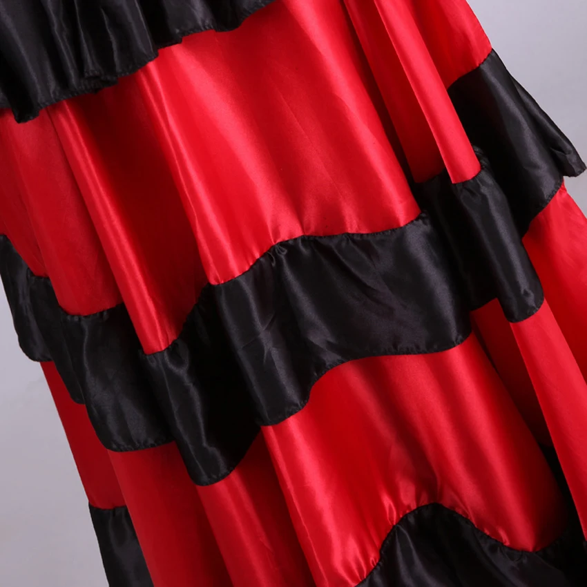 New Adult Kids Gypsy Girls Women Spanish Flamenco Skirt Striped Satin Silk Big Swing Belly Dancing Red Skirt Team Performance