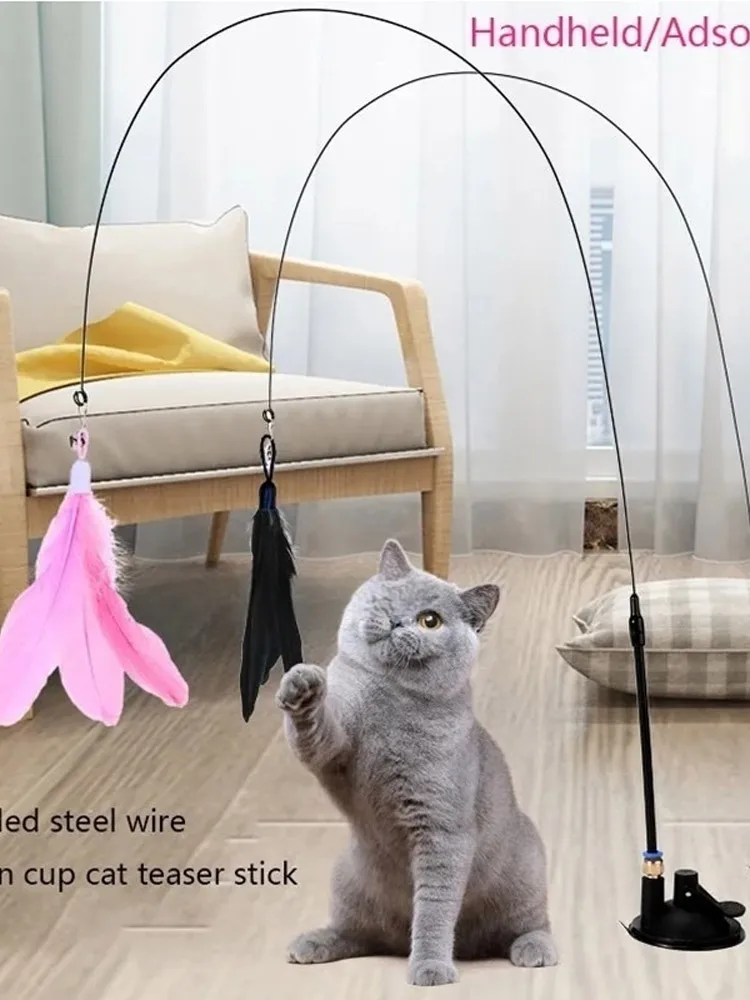 고양이 장난감 고양이 티징 스틱, 벨 연장 막대 흡입 컵, 물기 방지, 교체 가능한 깃털 헤드, 내구성 물기 티저 도구