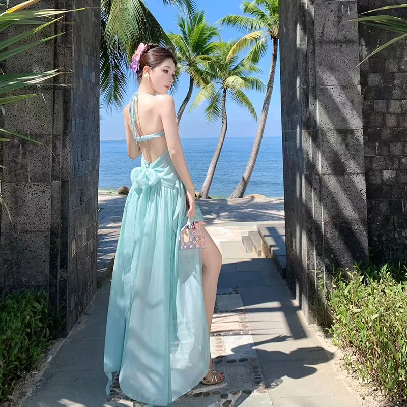 Dolce increspato Camis Midi Dress Donna Estate Elegante Chiffon Halter Neck Dress Sexy Backless Beach Vacation Mujer Abiti