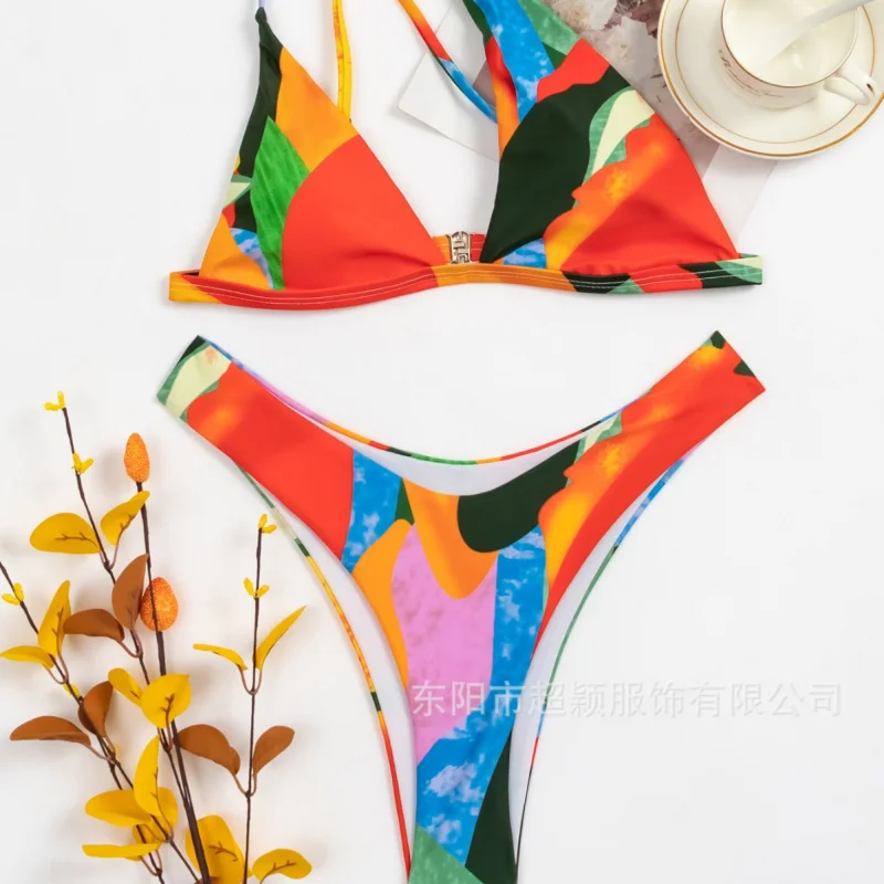 Women's Swimsuit Two-Piece Retro Multi-Color Print Triangle Push-Up Sexy One-Shoulderbiki