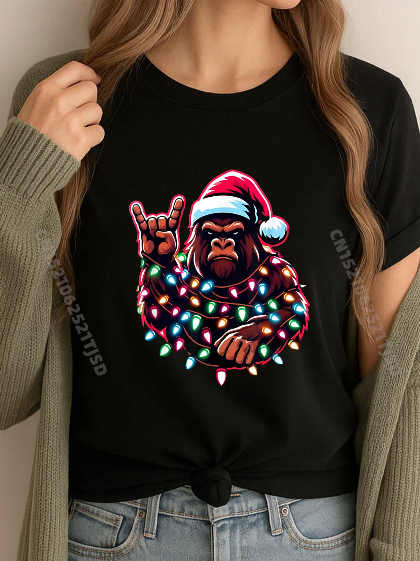 

Bigfoot Santa Christmas Lights Xmas Sasquatch Rock On Plus Size Woman Clothing Oversized T Shirt Man Tops Tees Casual