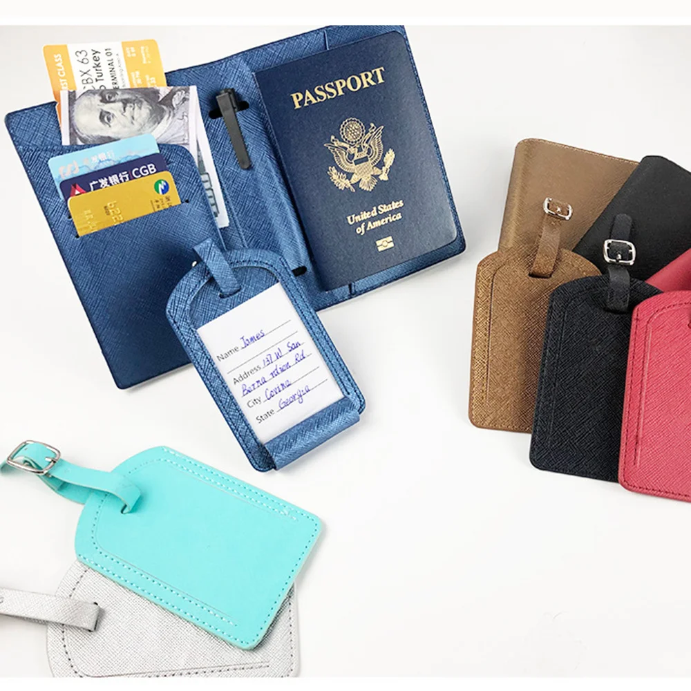 Free Custom Name Passport Cover Luggage Tag Set Fashion Saffiano PU Leather Ticket Passport Holder Personalize Travel Purse