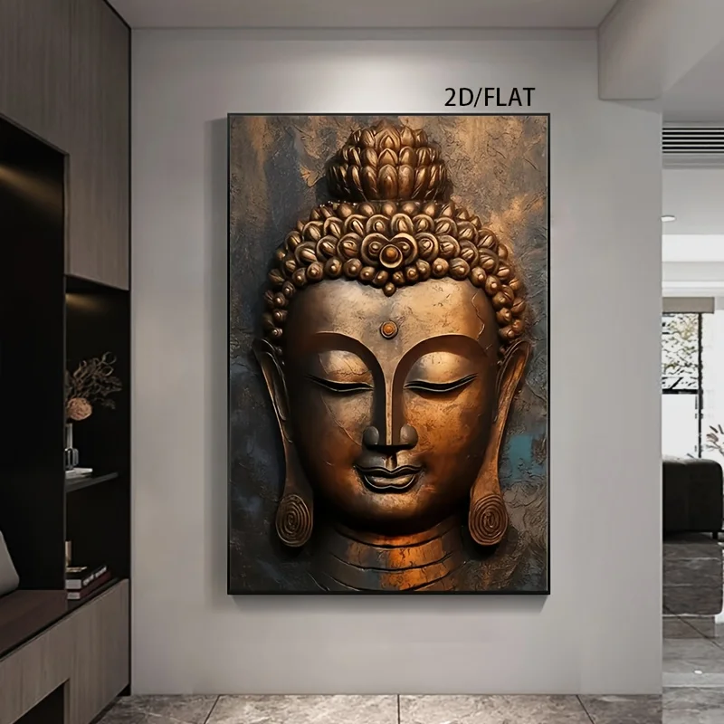 2D Flat, Large Modern Minimalist Golden Buddha Head Canvas Wall Art - Frameless Vertical Spiritual Decor with Serene Brown