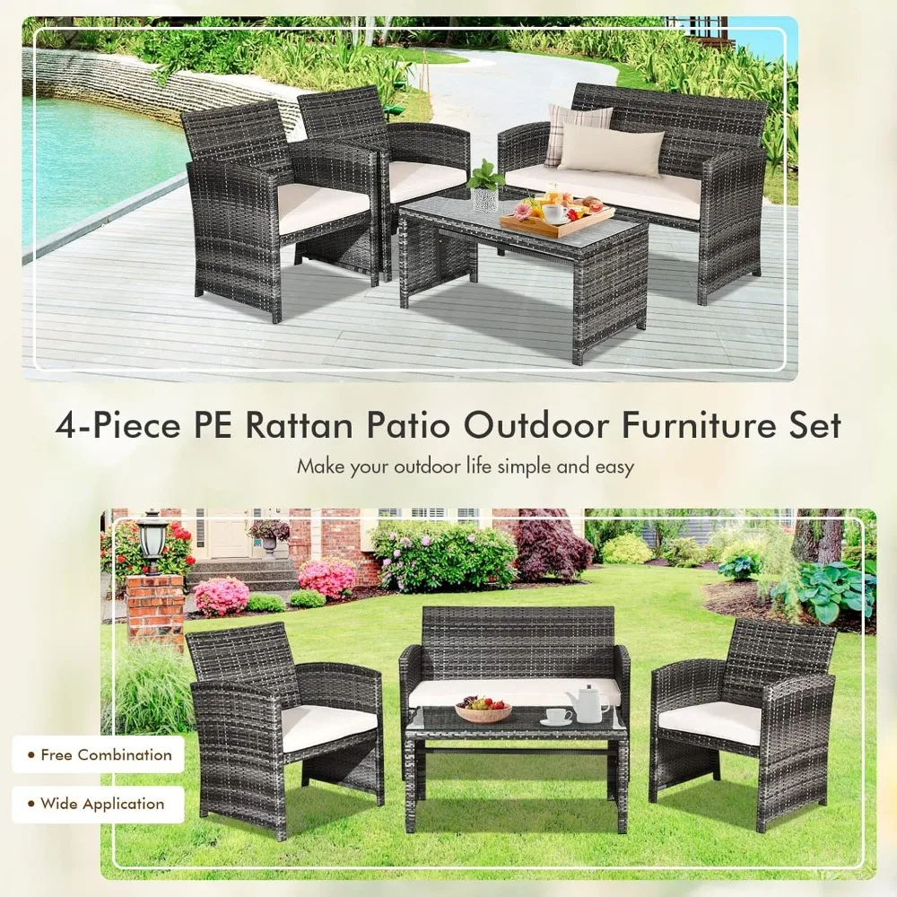 4-piece rattan patio furniture set, outdoor wicker conversation sofa with weatherproof cushions and tempered glass top