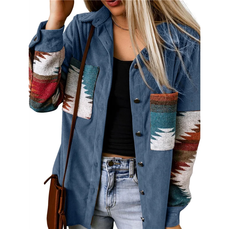 

CGS-Womens Corduroy Flannel Shirt Long Sleeve Button Down Loose Shacket Jacket With Pockets