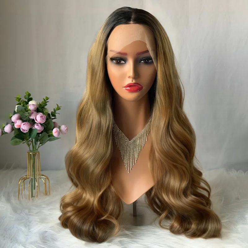

High Quality Caramel Blonde Wig with Dark Roots Trendy Ombre Cheap Wig For Women Body Wave Hot Star Hair Daily Party Cosplay Use