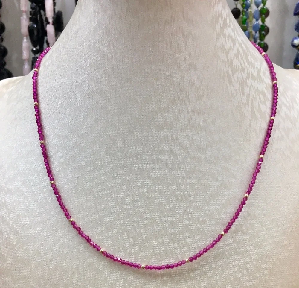 Natural Stone Reemades Ruby 2mm Faceted Bead&925 Sterling Silver+18KGP  Choker Necklace