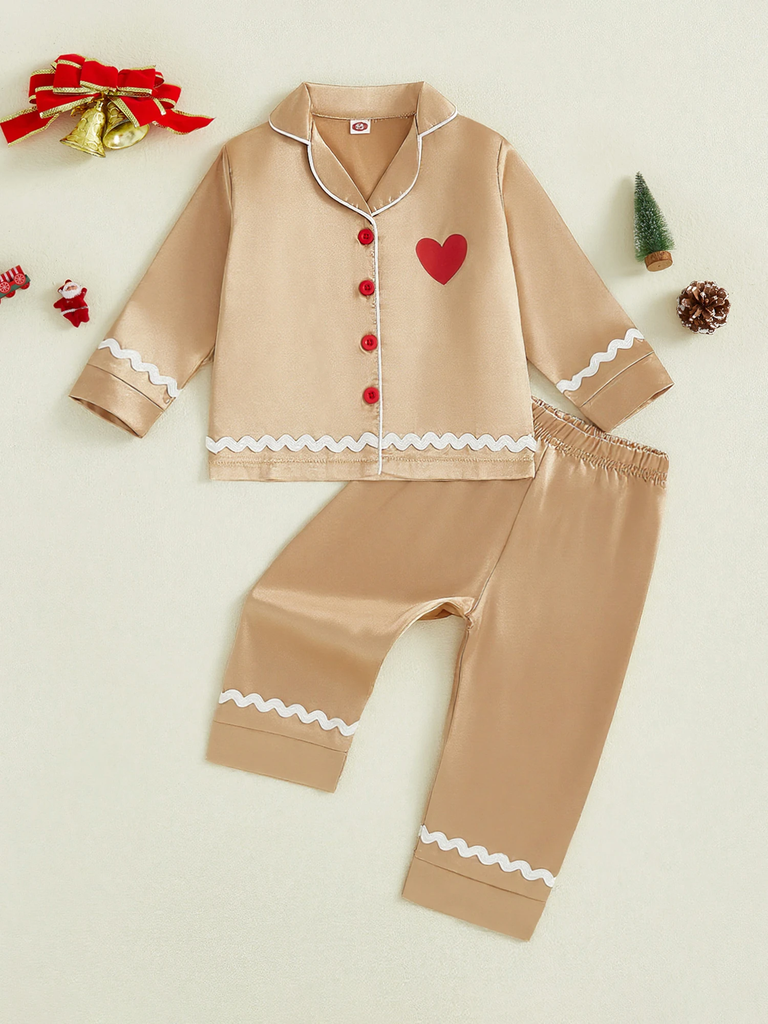 

Детский рождественский атласный пижамный комплект с принтом оленей, топ с длинными рукавами и лацканами на пуговицах и одинаковые брюки, праздничные