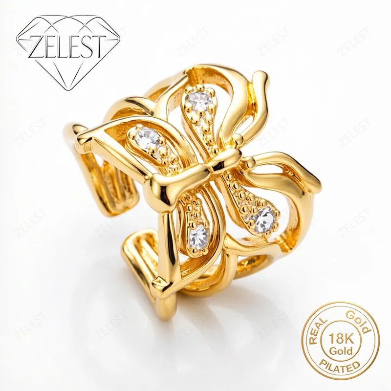 

925 Sterling Silver 18K Gold Plated Exquisite Butterfly Zirconia Open Ring for Women, Fashion Party Gift Accessories Jewelry