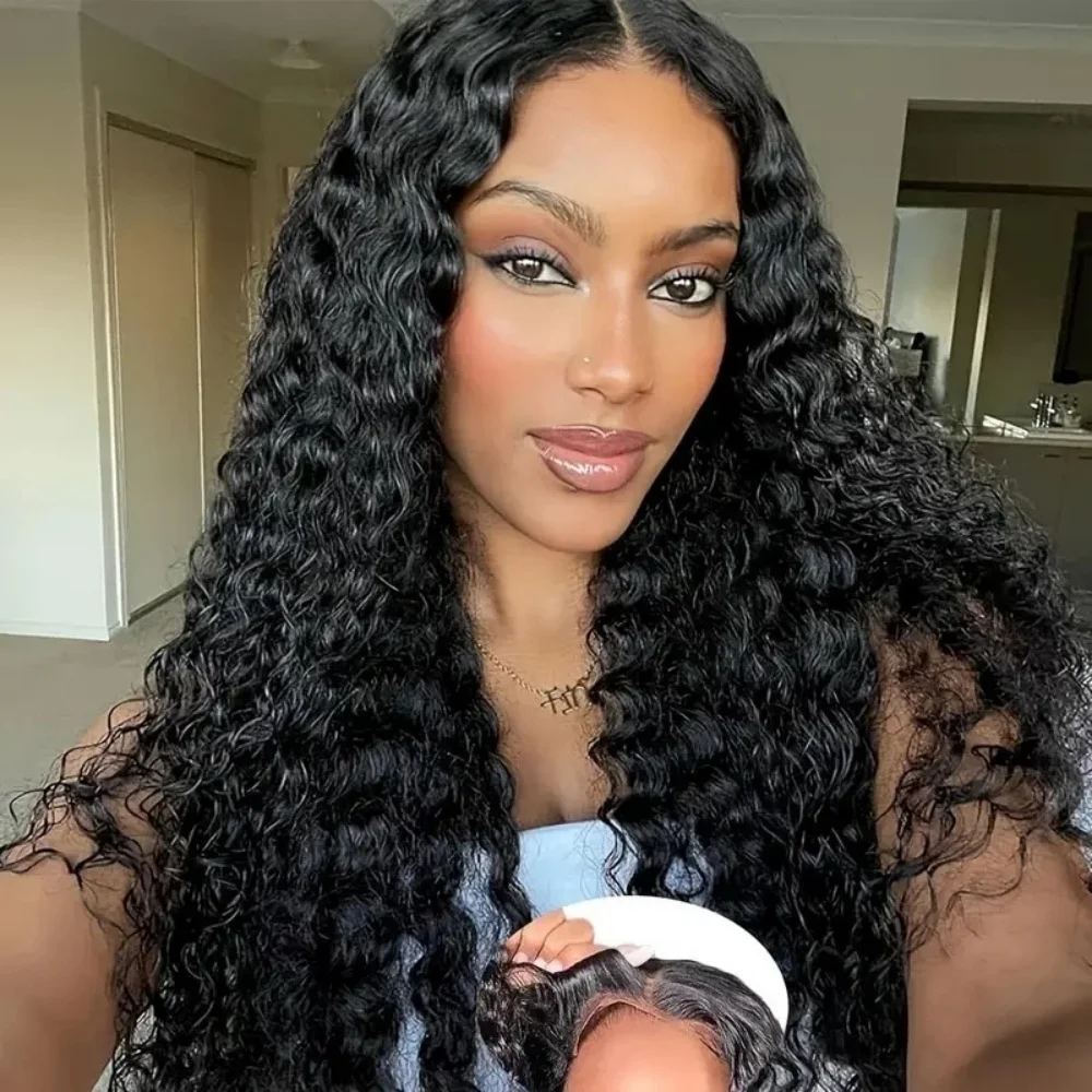 

Deep Wave Lace Front Wigs Human Hair Transparent 220Density Pre Plcked 5x5 Lace Frontal Wig For Women 1BNatural Color Curly Wig