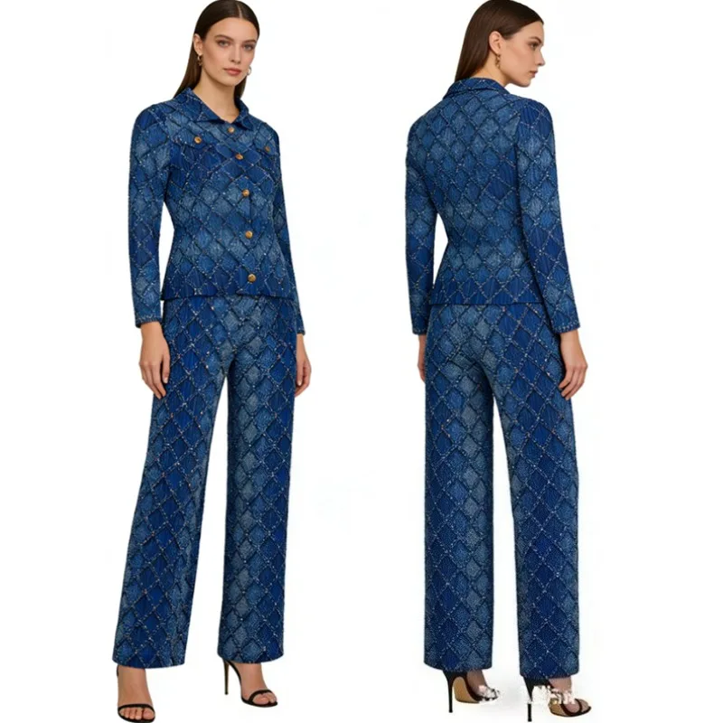 

Miyake Pleated Fashion Shirt Set 2026 New Gradient Denim Blue Long-sleeved T-shirt Top High-waisted Straight Pants 2-piece Set