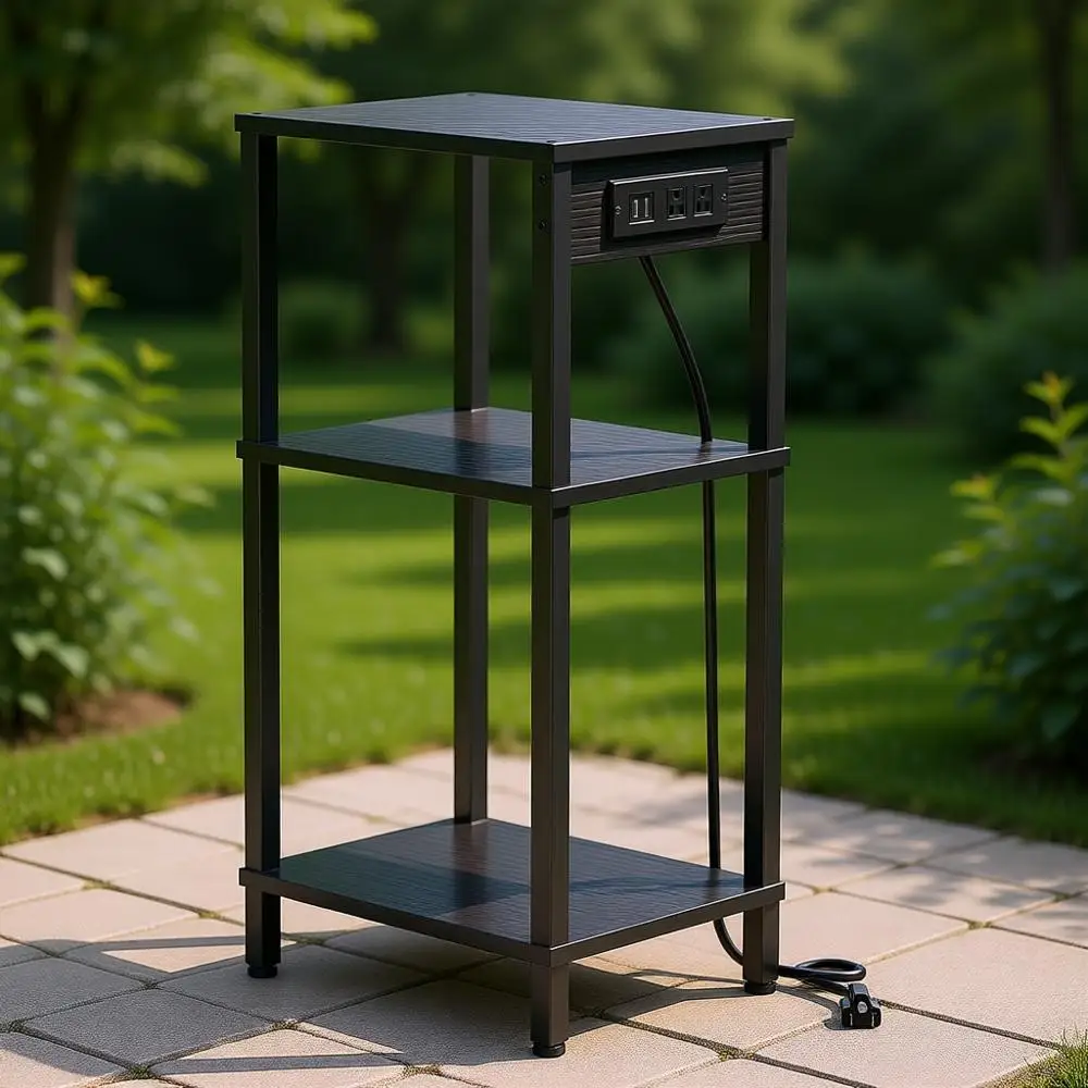 

Трехуровневый черный приставной столик с зарядной станцией и местом для хранения для дома и офиса