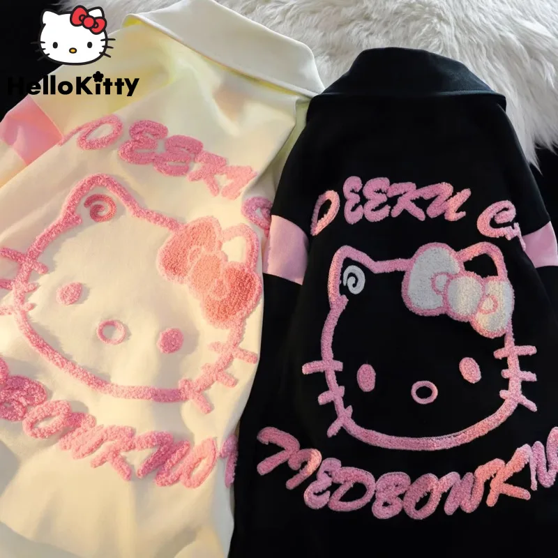 Sanrio Hello Kitty Cute Short Sleeve Polo Shirts Y2k Tees Cartoon Korean College Style Loose T-shirts Women Summer Fashion Tops