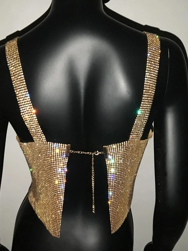 Bling Rhinestones Party Crop Top 2023 Fashion Solid Backless Straps Full Diamonds Sequins Cami Cropped Top for Women