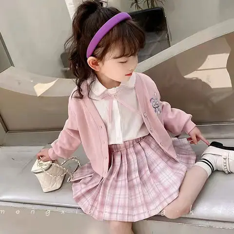 Girls\' Suit 2022 Spring Fashionable Three-Piece Suit Preppy Style Knitted Cardigan Coat Shirt Pleated Skirt Two-Piece Set