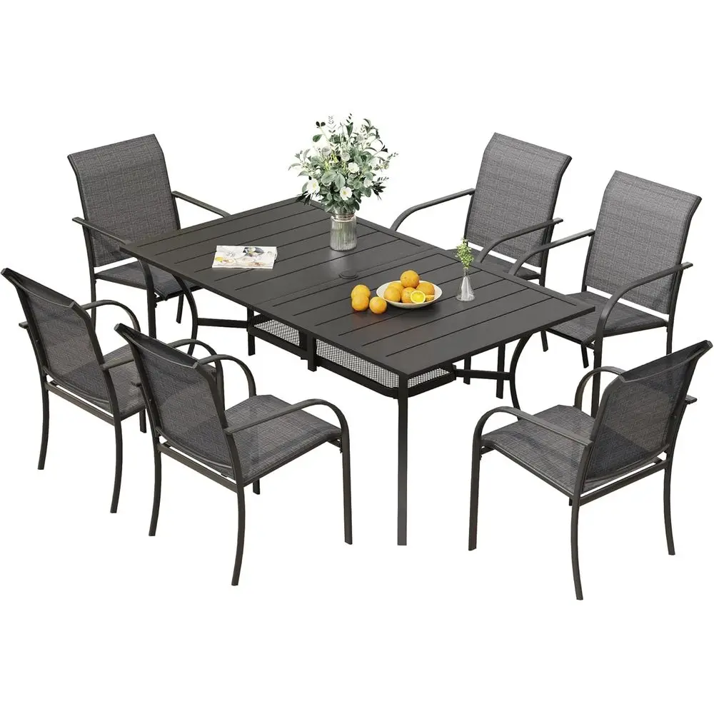 

6-Piece Outdoor Patio Dining Set: Grey Chairs with Black Metal Table and Umbrella Hole
