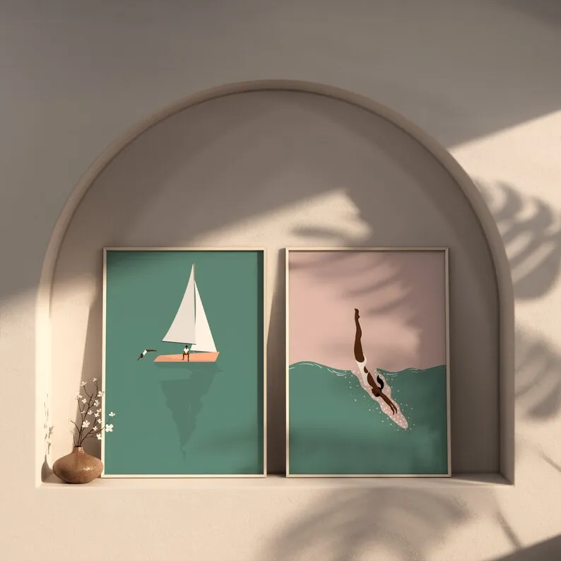Floating in Swimming Pool Into The Water Summer Nordic Poster Canvas Painting Wall Art Pictures Beach House Home Decor Gift