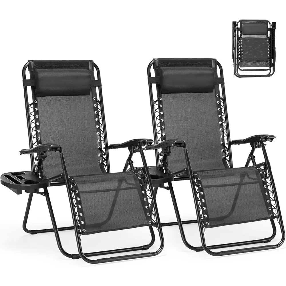 Set di poltrone lounge pieghevoli portatili a gravità zero per esterni, confezione da 2 sedie da campeggio reclinabili con cuscino regolabile e portabicchieri