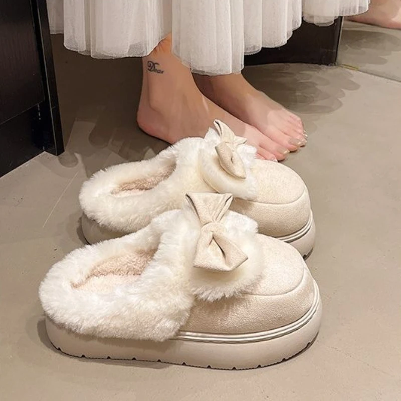 

​Thick Sole Anti Slip Women's Cotton Fuzzy Slippers Bowknot Design Warm Autumn Winter Indoor Outdoor Home Shoes​