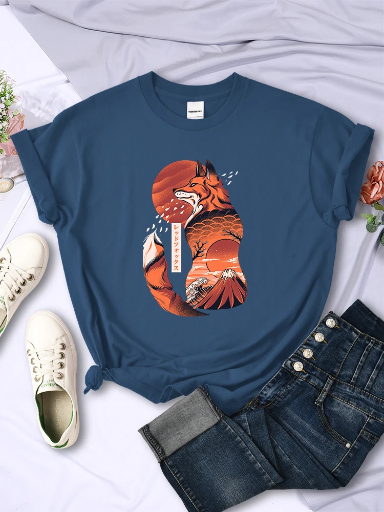 Japanese Style Cool Fox Retro PrintingT Shirt Women Fashion Casual Tee Loose Summer Tops Personality Crewneck T-Shirt