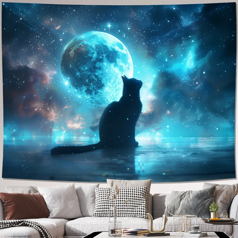 Black Cat and Cosmic Moon Landscape Tapestry, HD Digital Print Mystical Wall Decor for Living Room and Bedroom Backdrop