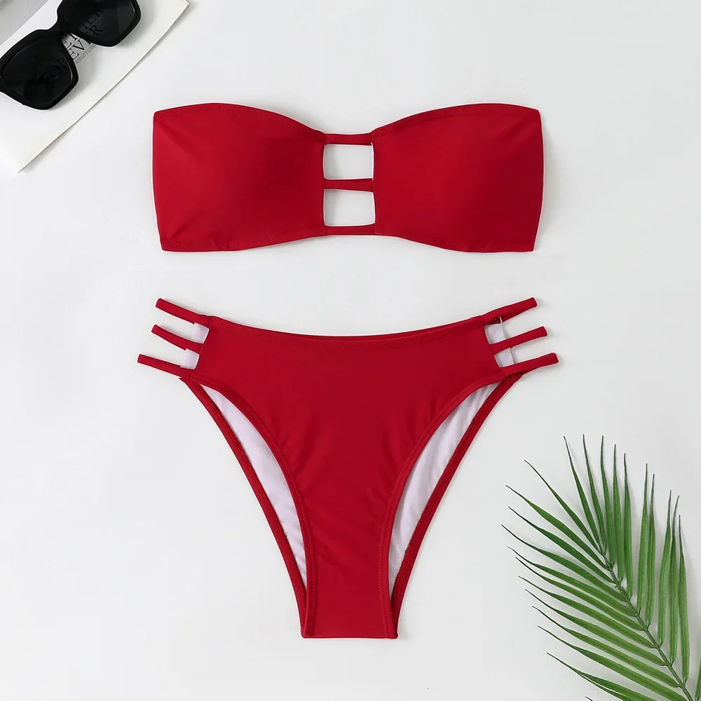 

Red Micro Bikini Thong Set Summer Black Swimwear for Women Sexy Two Pieces Swimsuit Beach Wear Outfit Bandeau Bikinis 2025 New