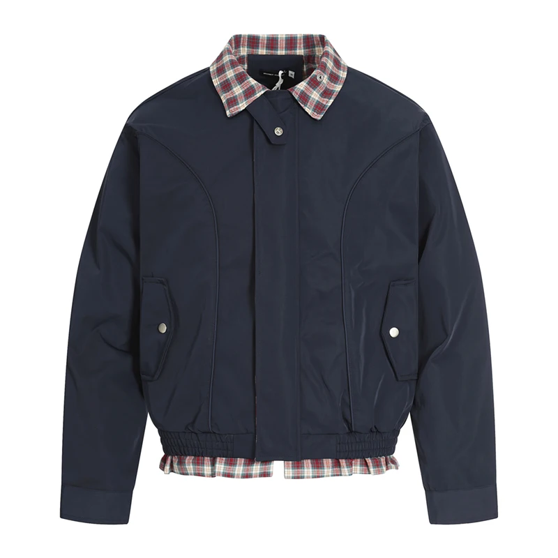 

Short Bomber Jacket Men Korean Streetwear Fashion Splice Plaid Loose Casual Cargo Jacket Cityboy Spring Autumn Coat Outerwear