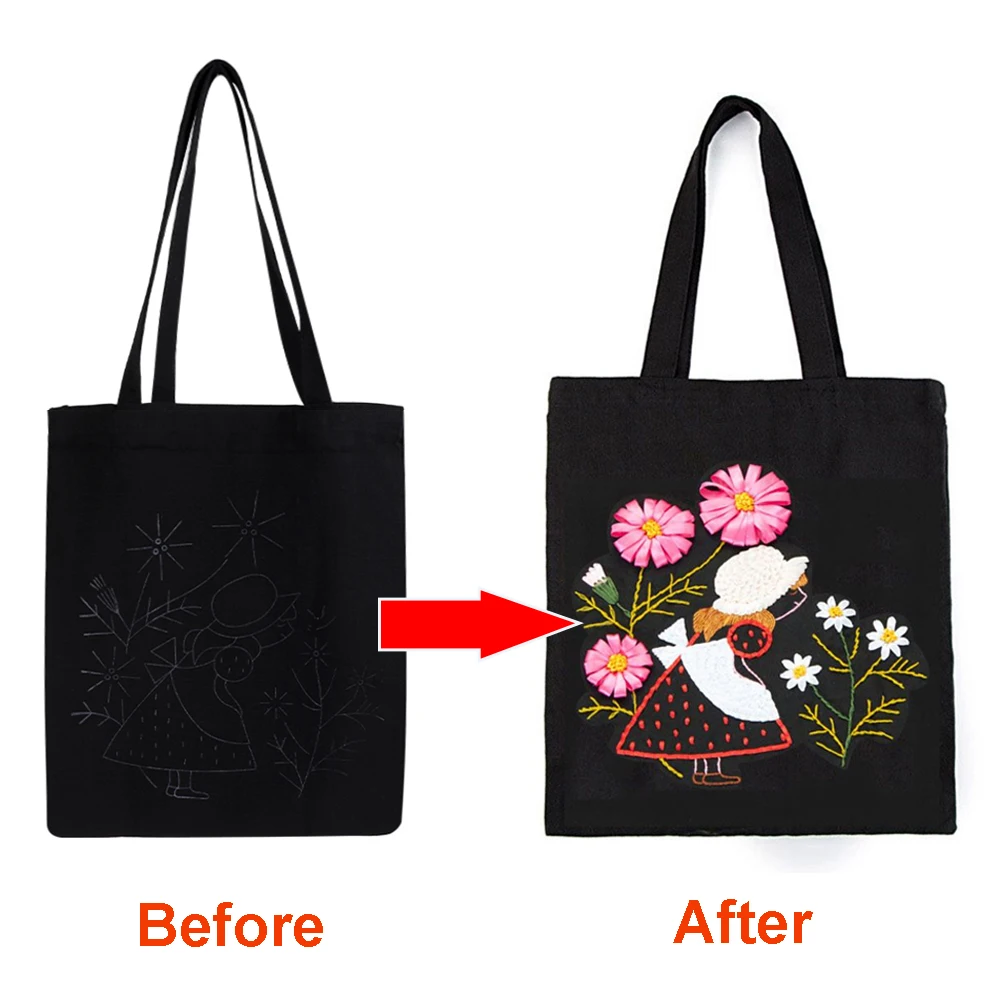 DIY Canvas Tote Bag Embroidery Kit With Flower Pattern Instructions Arts Crafts Supplies Carrying Bag Needlepoint Kits Beginners