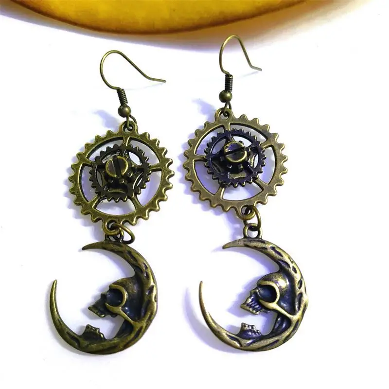 Dark Style Midnight Skull Moon Pendant Earrings Retro Mechanical Style Gears Earrings Steampunk Accessories