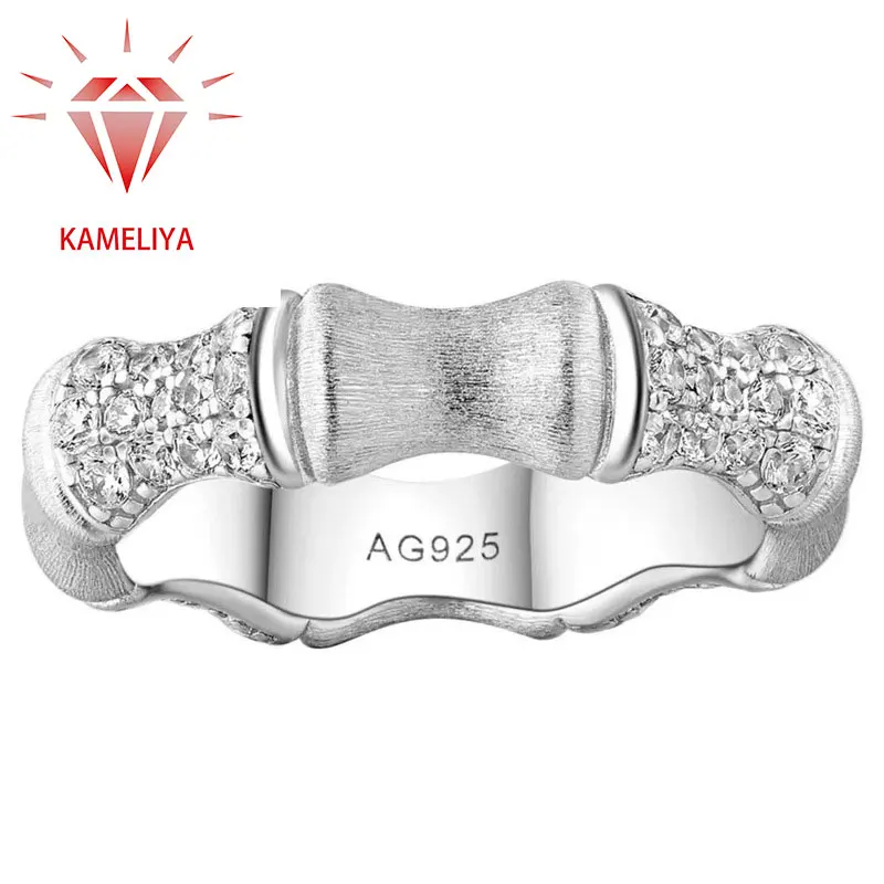 

KAMELIYA Wedding Band Bamboo Design 925 Sterling Silver Zircon Ring for Women Wire Drawing Ring Birthday Party Fine Jewelry Gift