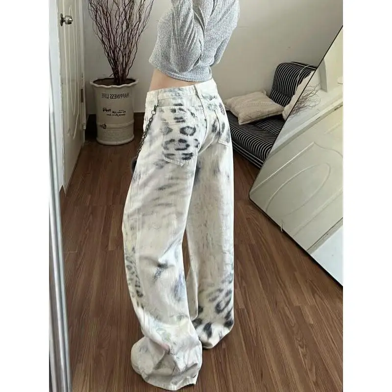 Leopard Print Style Trousers Autumn and Winter Commuting Retro Woolen Plaid Trousers Loose Straight Drawstring Casual Trousers