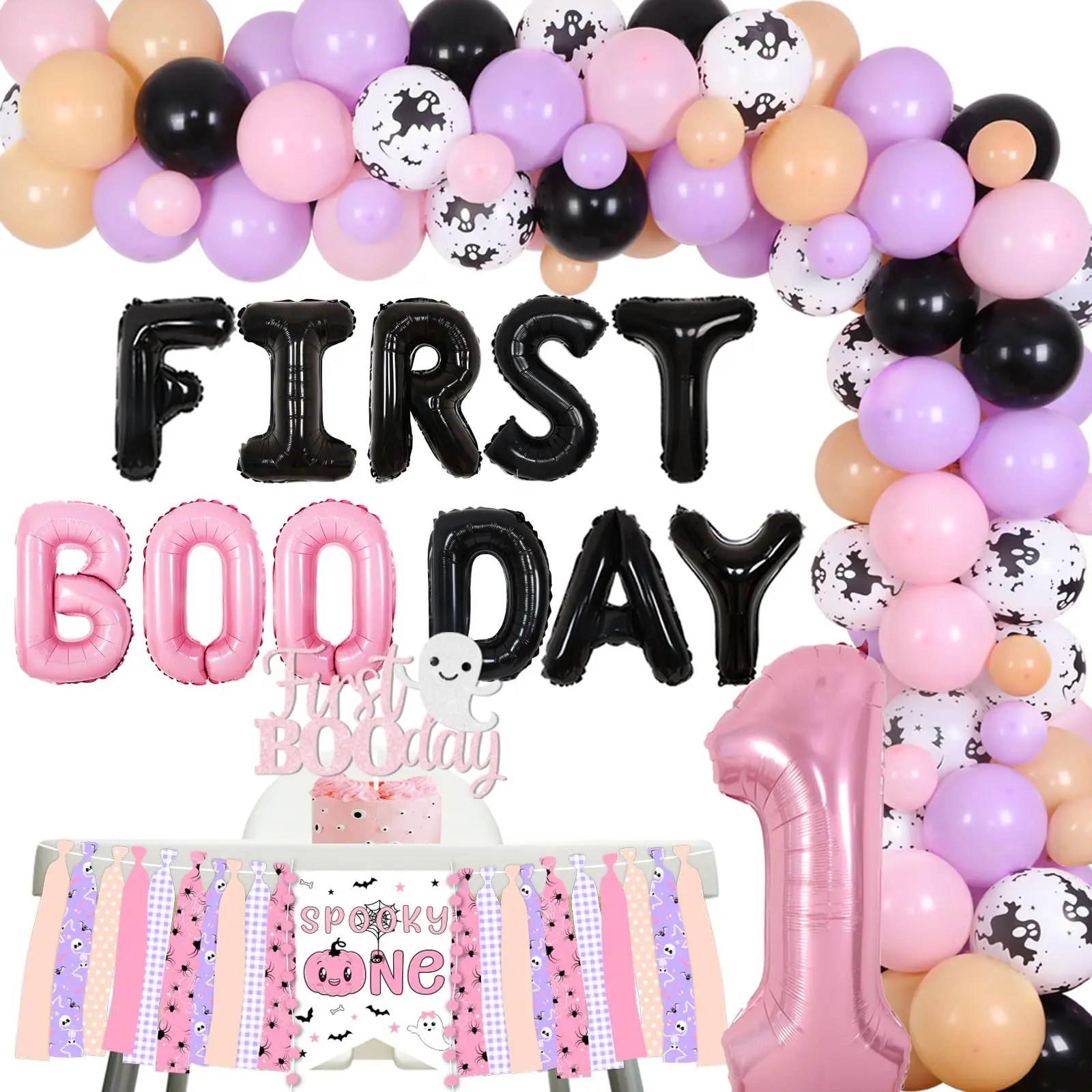 

Funmemoir Halloween 1st Birthday Party Decorations Girl - Pink and Purple Balloon Garland Kit with First Boo Day Balloons Cake