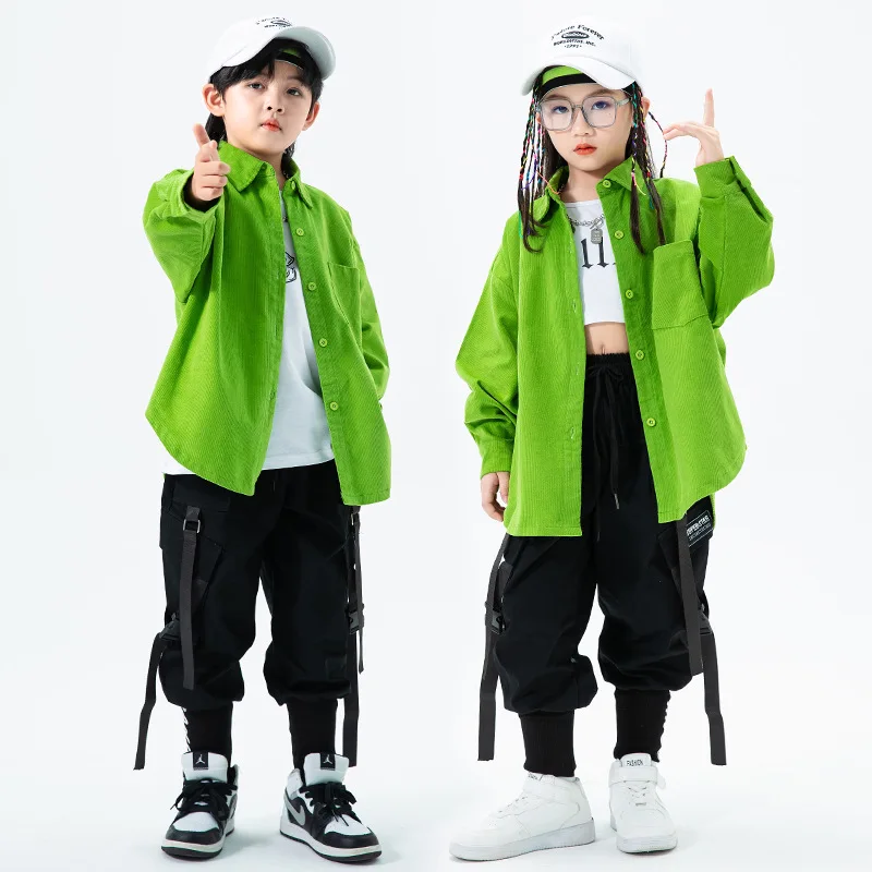 

Kid Kpop Hip Hop Clothing Green Shirt Casual Streetwear Cargo Jogger Sweat Harem Pants for Girl Boy Jazz Dance Costume Clothes