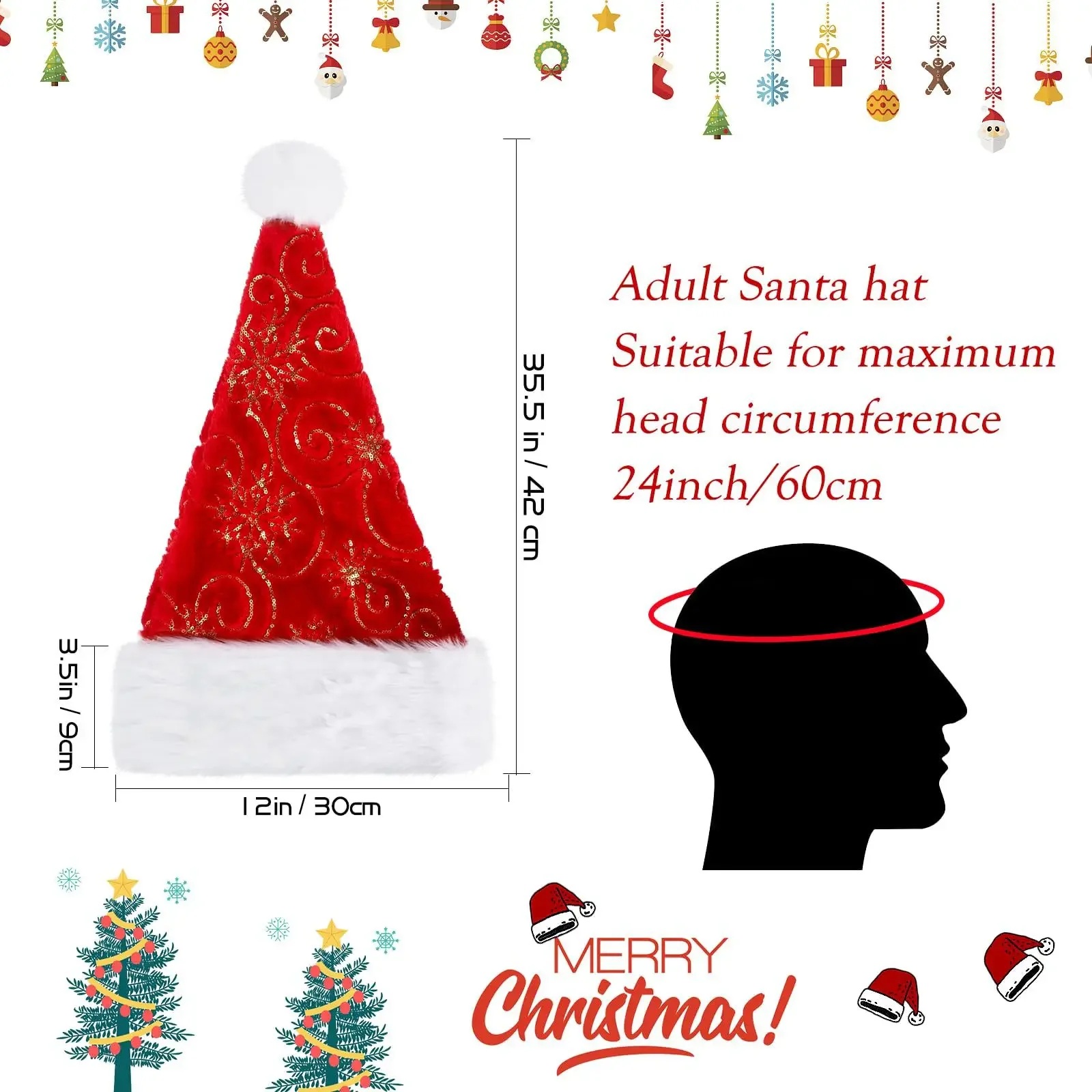 금색 스팽글이 달린 겨울 플러시 크리스마스 모자, 파티 복장, 자수 모자, 크리스마스 장식