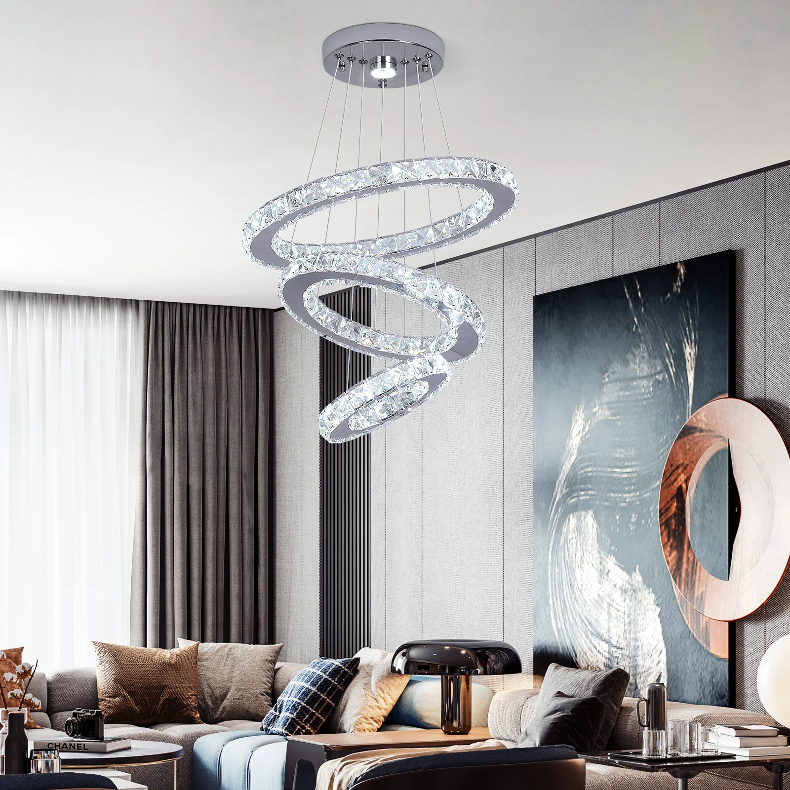 Modern Crystal Chandelier Lamp Chrome Led Living Room Dimming Pendant Light Bedroom Adjustable Hanging Lamps With Remote Control