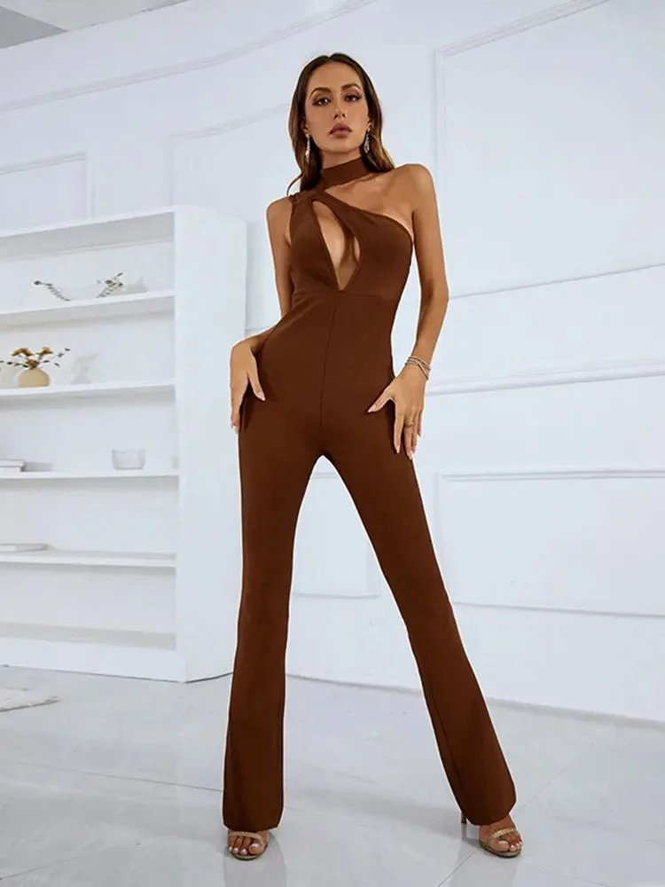 Women Summer Style Sexy One Shoulder Key Hole Bodycon Bandage Jumpsuit 2024 Celebrity Designer High Street Rompers