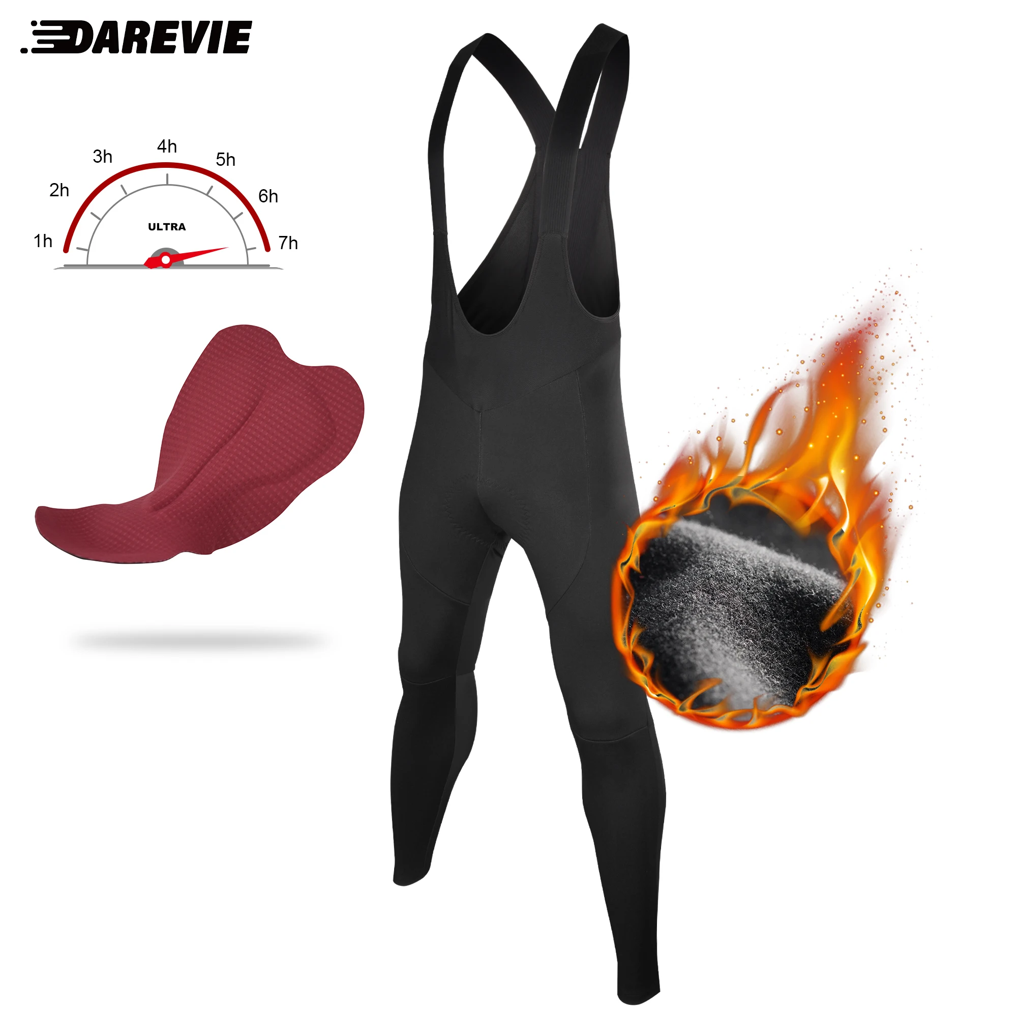 DAREVIE Cycling Bib Pants Winter Warm Thermal Fleece Windproof Cycling Pants Anti-water Cycling Bib Tights Trousers 120KG/m³ Pad