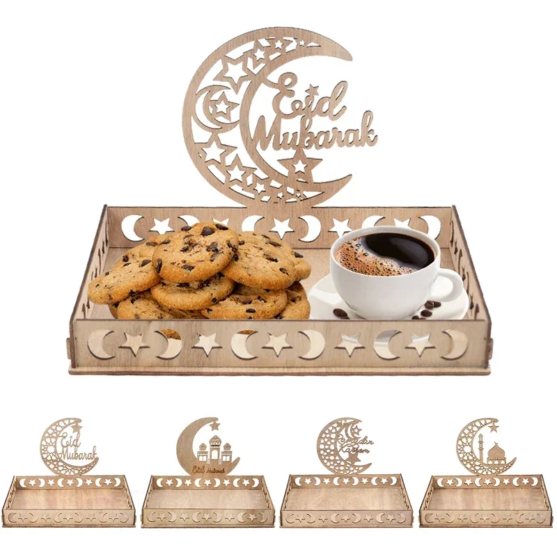 Wooden Eid Mubarak Food Tray Ramadan Decoration for Home Cake Display Islam Muslim Party Supplies 2023 Ramadan Eid Gifts