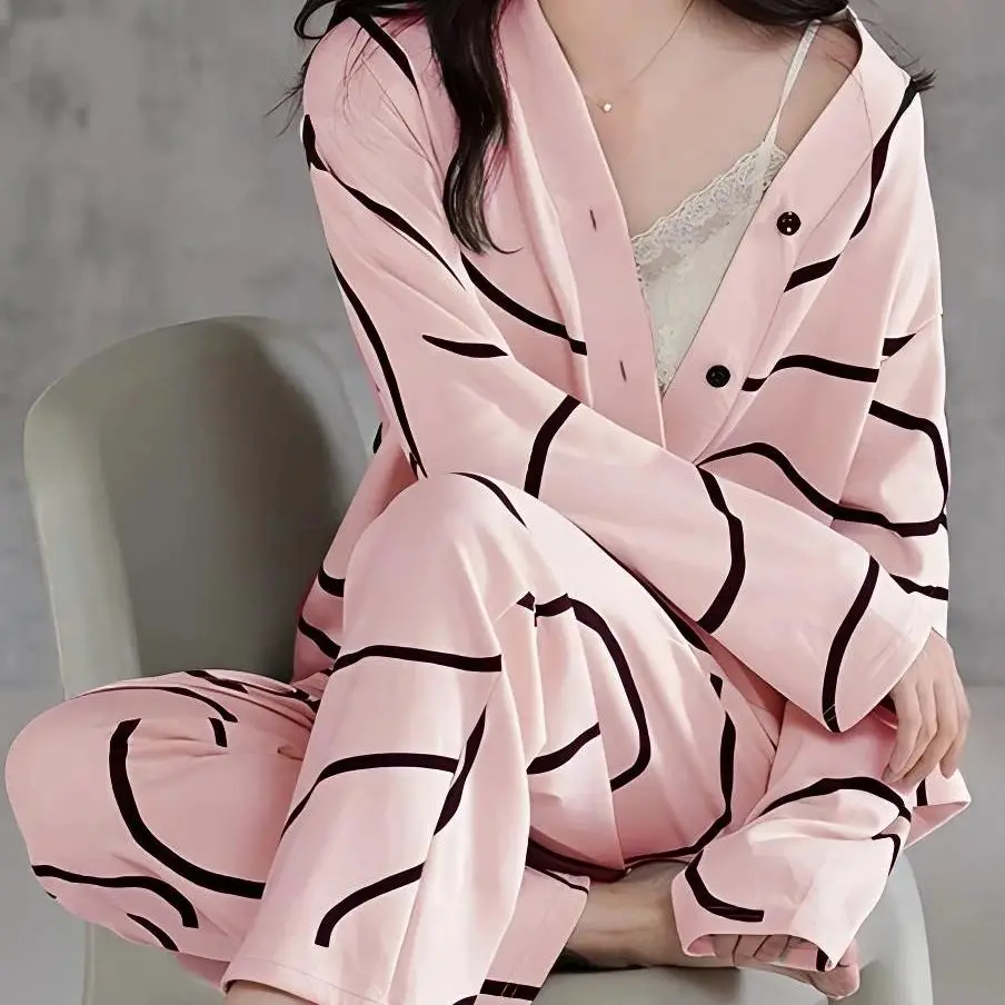 Conjunto de 2 piezas de ropa de casa informal de color liso para mujer, estilo japonés, para el Día de la Madre y San Valentín, kimono con cuello en V, cárdigan de manga larga, pantalón largo, pijama con estampado irregular, para primavera, verano y otoño.