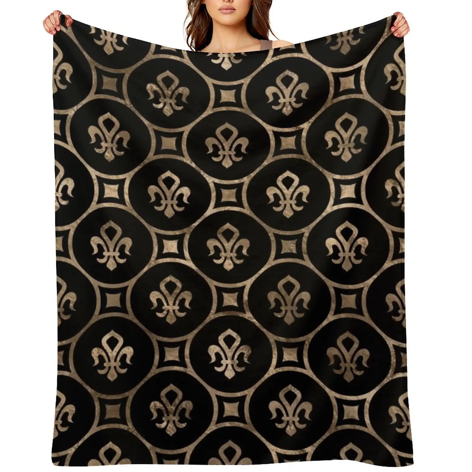 

Fleur-de-lis pattern - Black and Gold Throw Blanket Luxury Designer Fashion Sofas Vintage Hairy Blankets