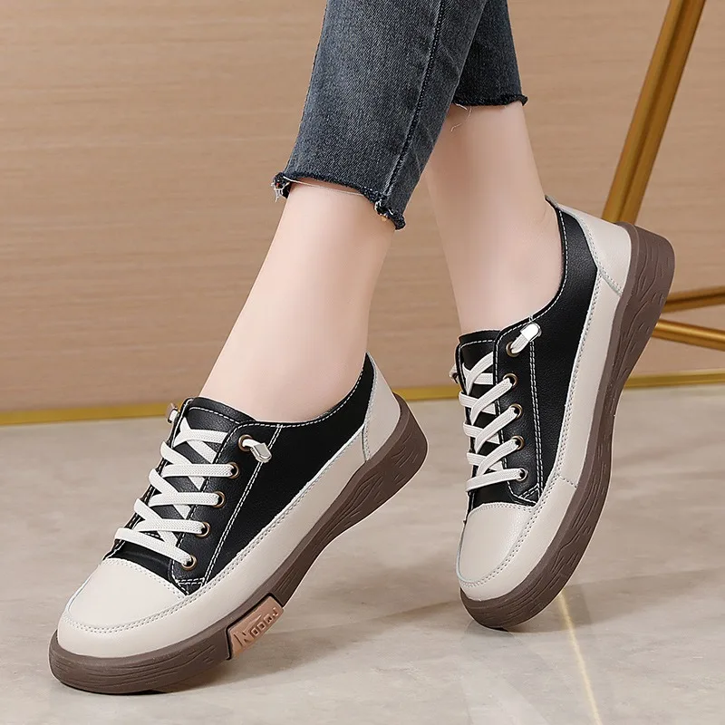 Spring Autumn Women's Shoes Elastic Bands Slip on Casual Shoes Breathable Leather Flat Sneakers Female Platform Skateboard Shoes