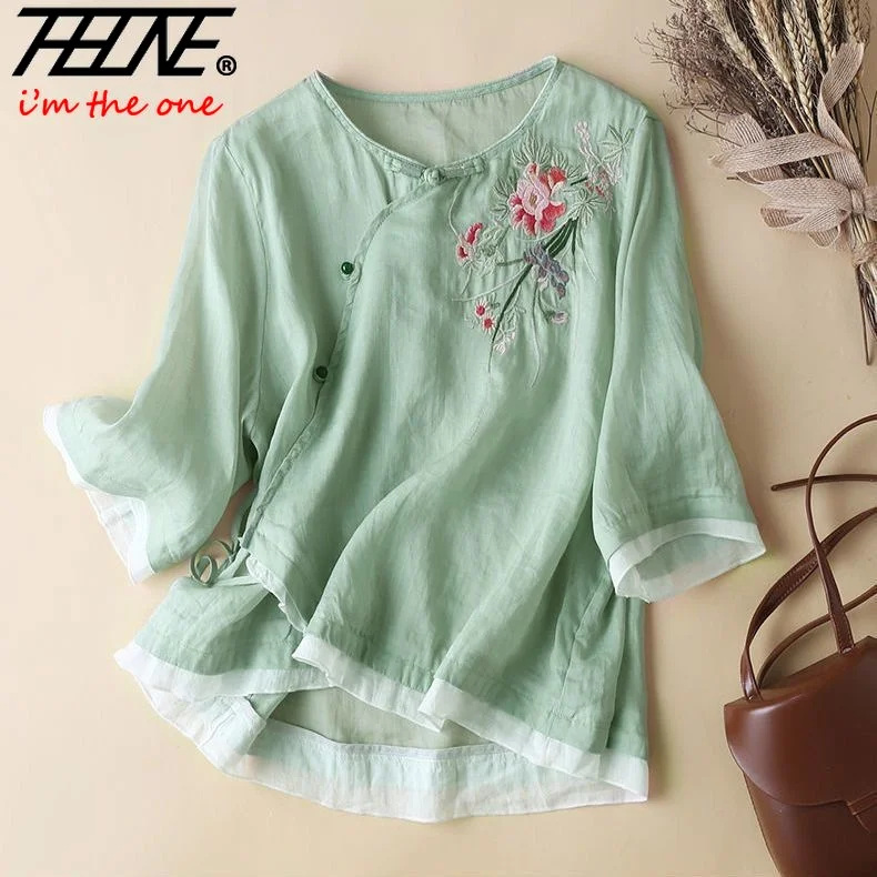 Summer Women\'s Clothing Shirts Blouse Blusa Mujer Camisas Elegant and Youth Cotton Linen Vintage Casual Button Embroidery O-Neck