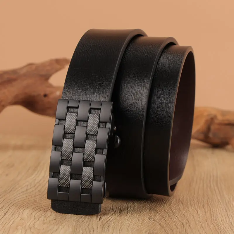2025 New! Men's Cowhide Leather Toothless Automatic Buckle Belt. Ideal for Business & Leisure, Trendy Style for Youth