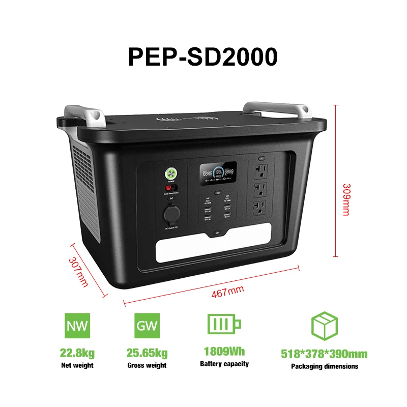 2000W Solar Generator Portable 1809Wh LiFePO4 Battery Backup with MPPT and Flashlight for Emergency Use