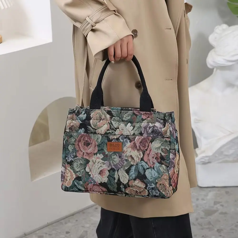 Portable Floral Print Women's Tote Bag Canvas Large Capacity Lunch Bag Zipper Thickened Jacquard Handbag