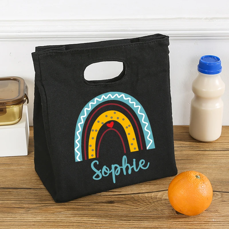 Sacs à lunch portables personnalisés avec nom personnalisé arc-en-ciel, sac isotherme à bento isotherme, poudres alimentaires pour pique-nique,