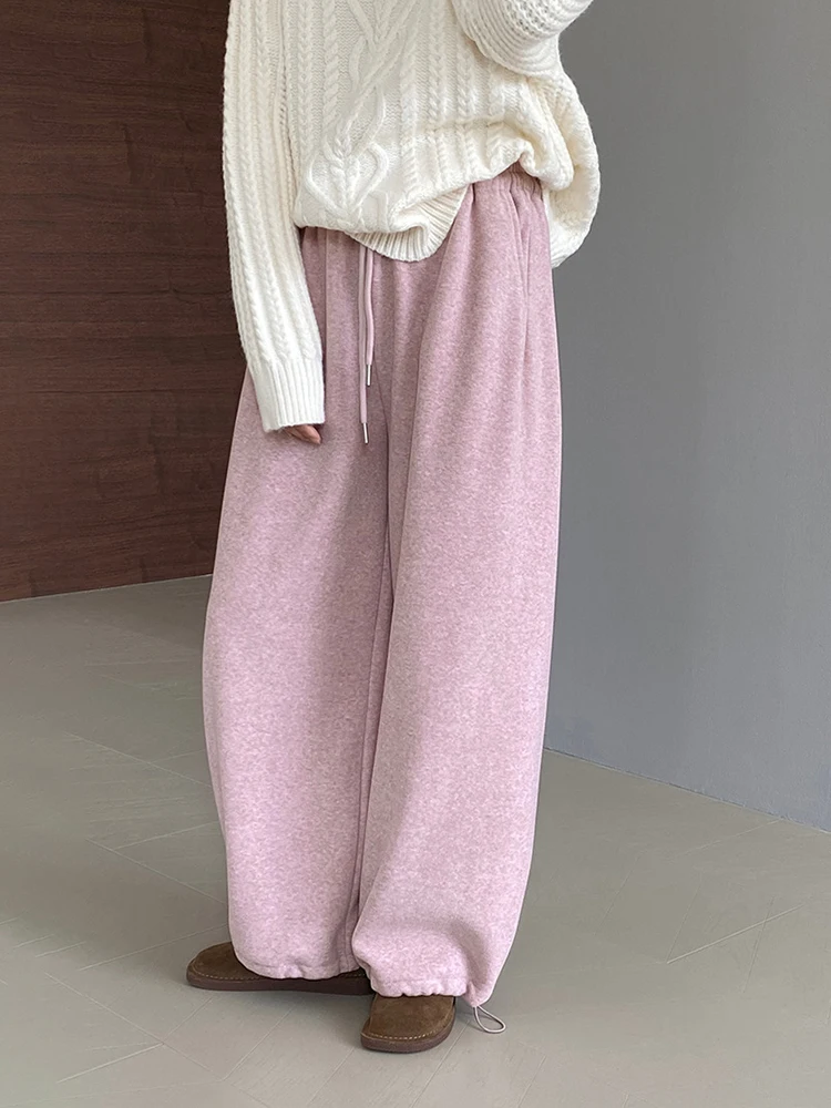 [LANMREM] Drawstring Thick Warm Pants Women\'s High Waist Straight Loose Trousers Minimalism Clothes 2024 Winter New 26C1369